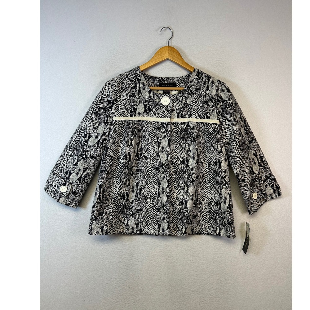 Mob Wife Silk Land NWT Women M Black White Snakeskin Silk Swing Jacket 3/4 Slv‎